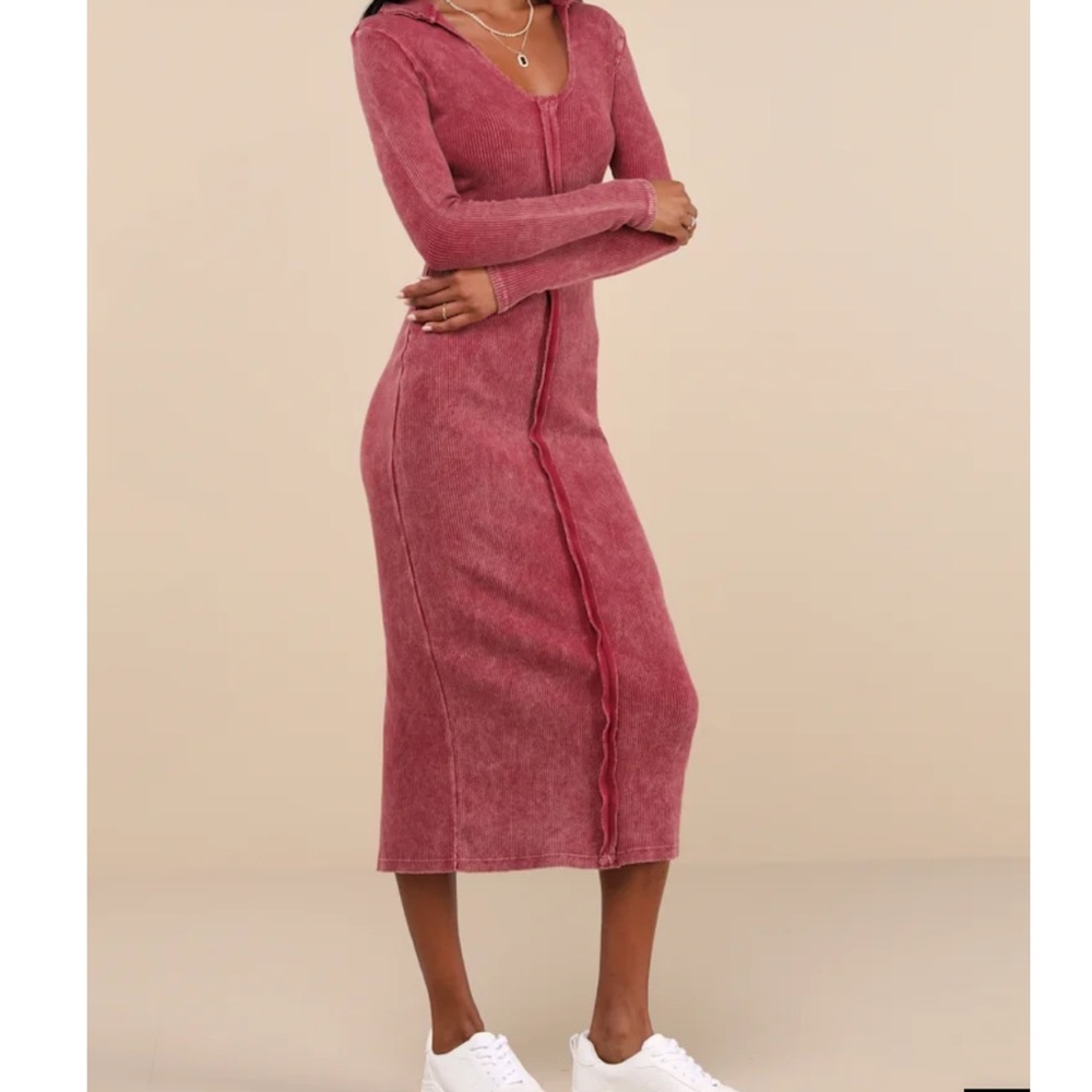 Lulus Effortlessly Pristine Washed Berry Ribbed Long Sleeve Midi Dress XL